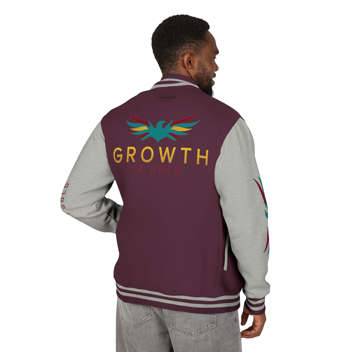 Elevated Style Unisex Letterman Jacket - Motivational Growth Quote, Casual Wear, Trendy Outerwear, Gift for Him/Her, Sports Jacket