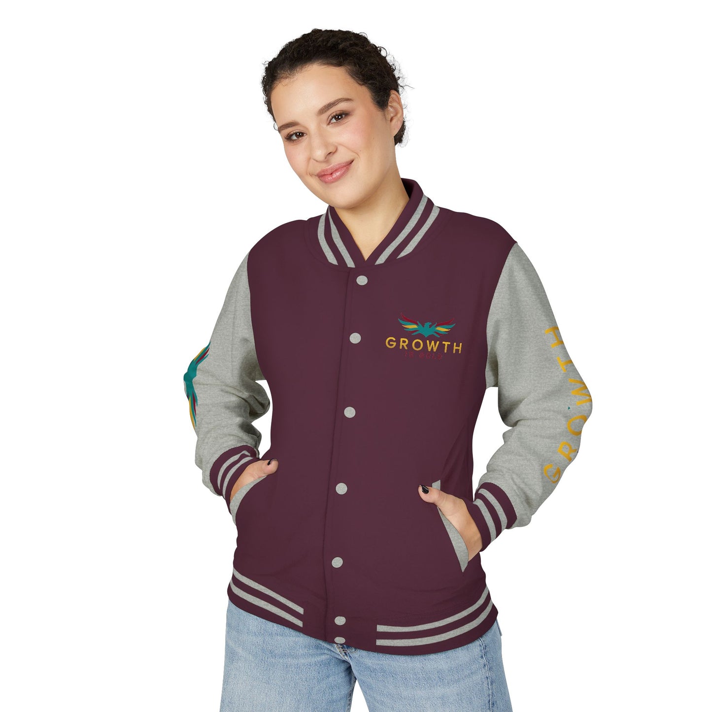 Elevated Style Unisex Letterman Jacket - Motivational Growth Quote, Casual Wear, Trendy Outerwear, Gift for Him/Her, Sports Jacket