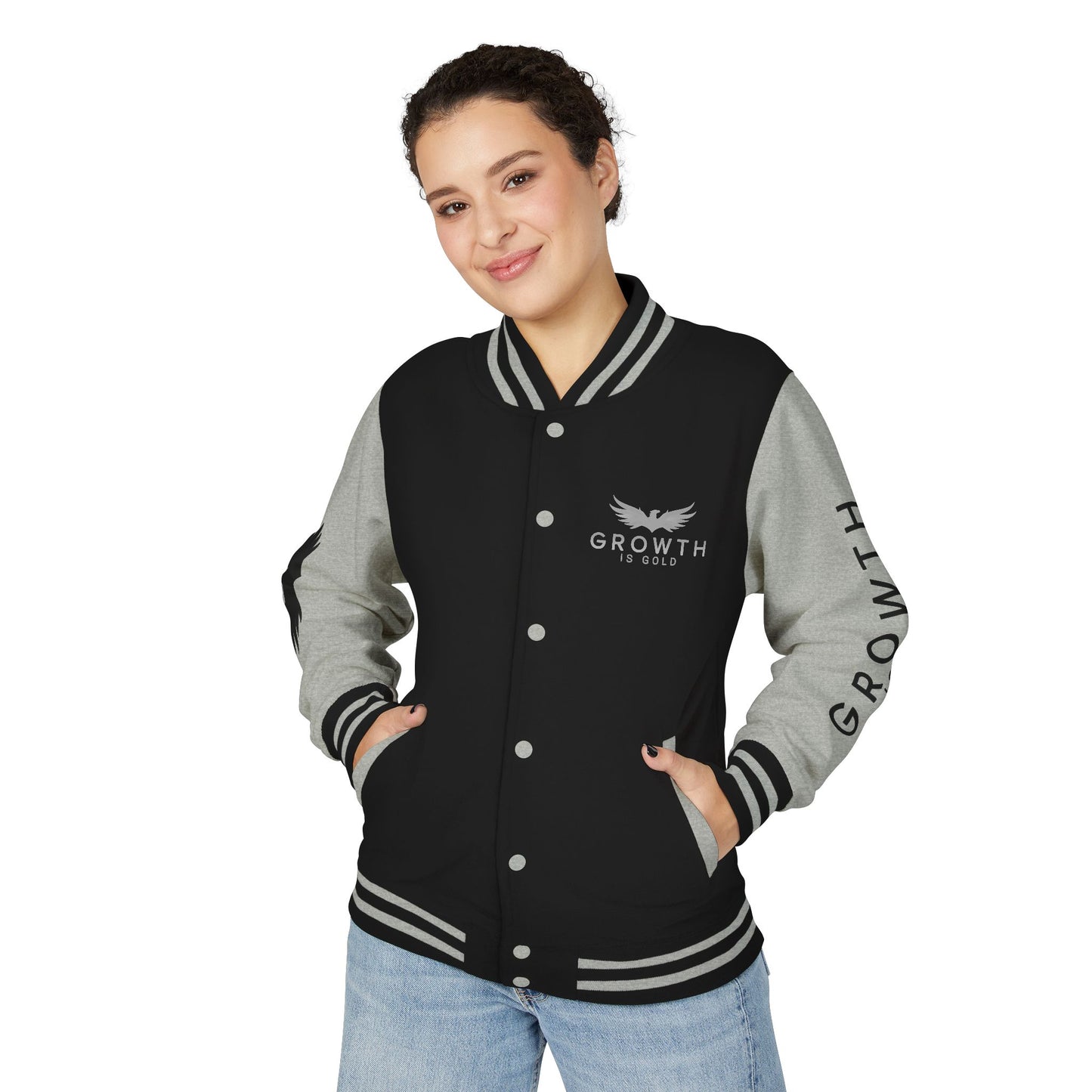 Elevated Style Unisex Letterman Jacket - Motivational Growth Quote, Casual Wear, Trendy Outerwear, Gift for Him/Her, Sports Jacket