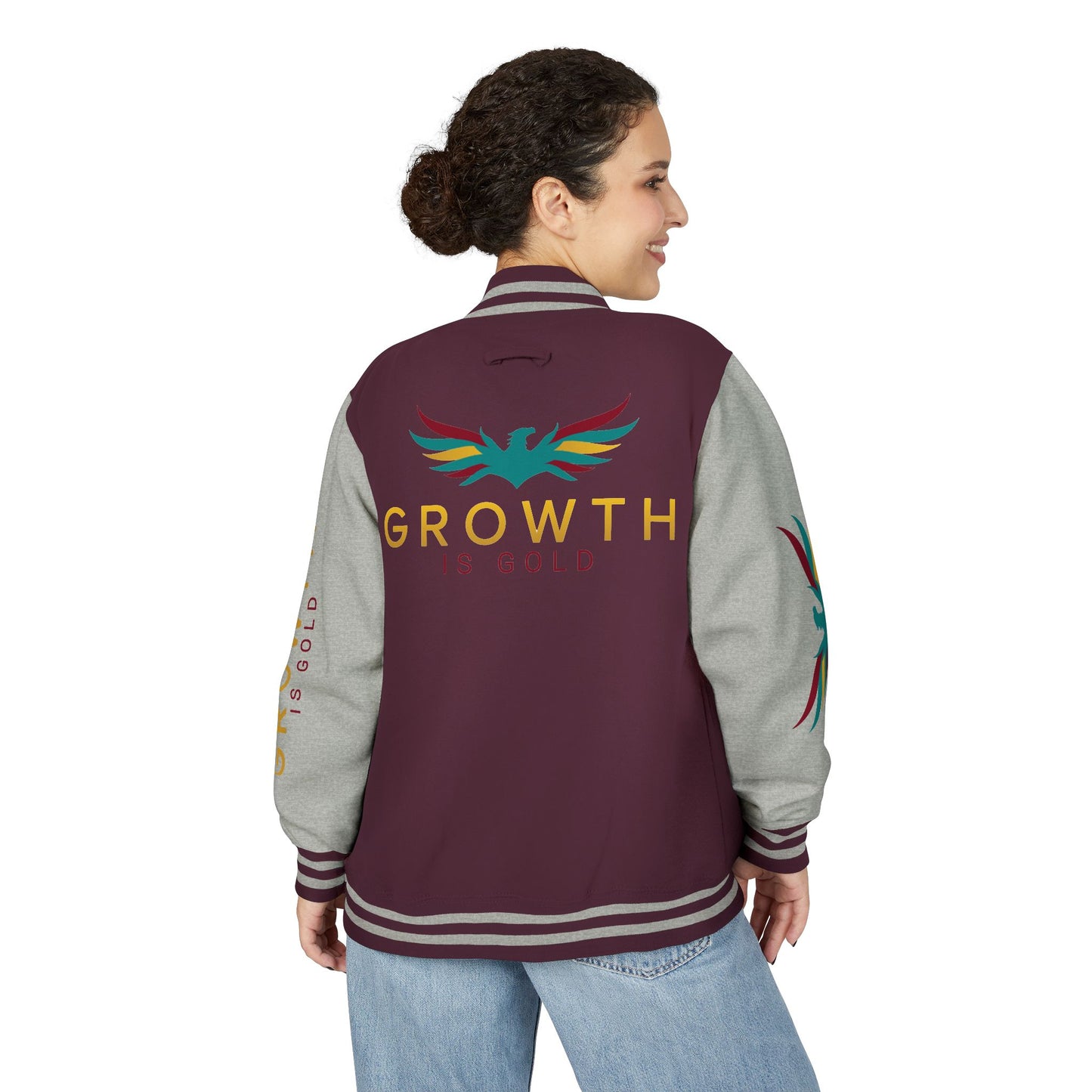 Elevated Style Unisex Letterman Jacket - Motivational Growth Quote, Casual Wear, Trendy Outerwear, Gift for Him/Her, Sports Jacket