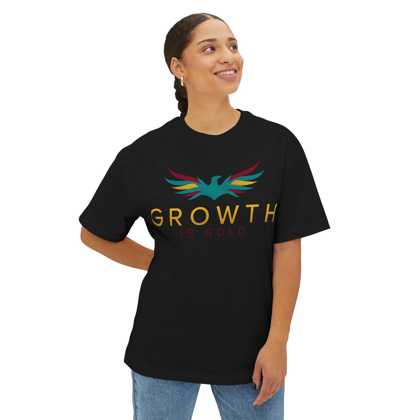 Growth is Gold Unisex Oversized Boxy Tee, Inspirational Graphic T-Shirt, Casual Wear, Gift for Her, Motivational Apparel, Stylish Lounge Tee