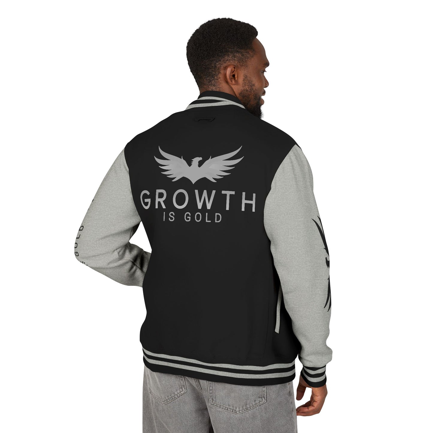 Elevated Style Unisex Letterman Jacket - Motivational Growth Quote, Casual Wear, Trendy Outerwear, Gift for Him/Her, Sports Jacket