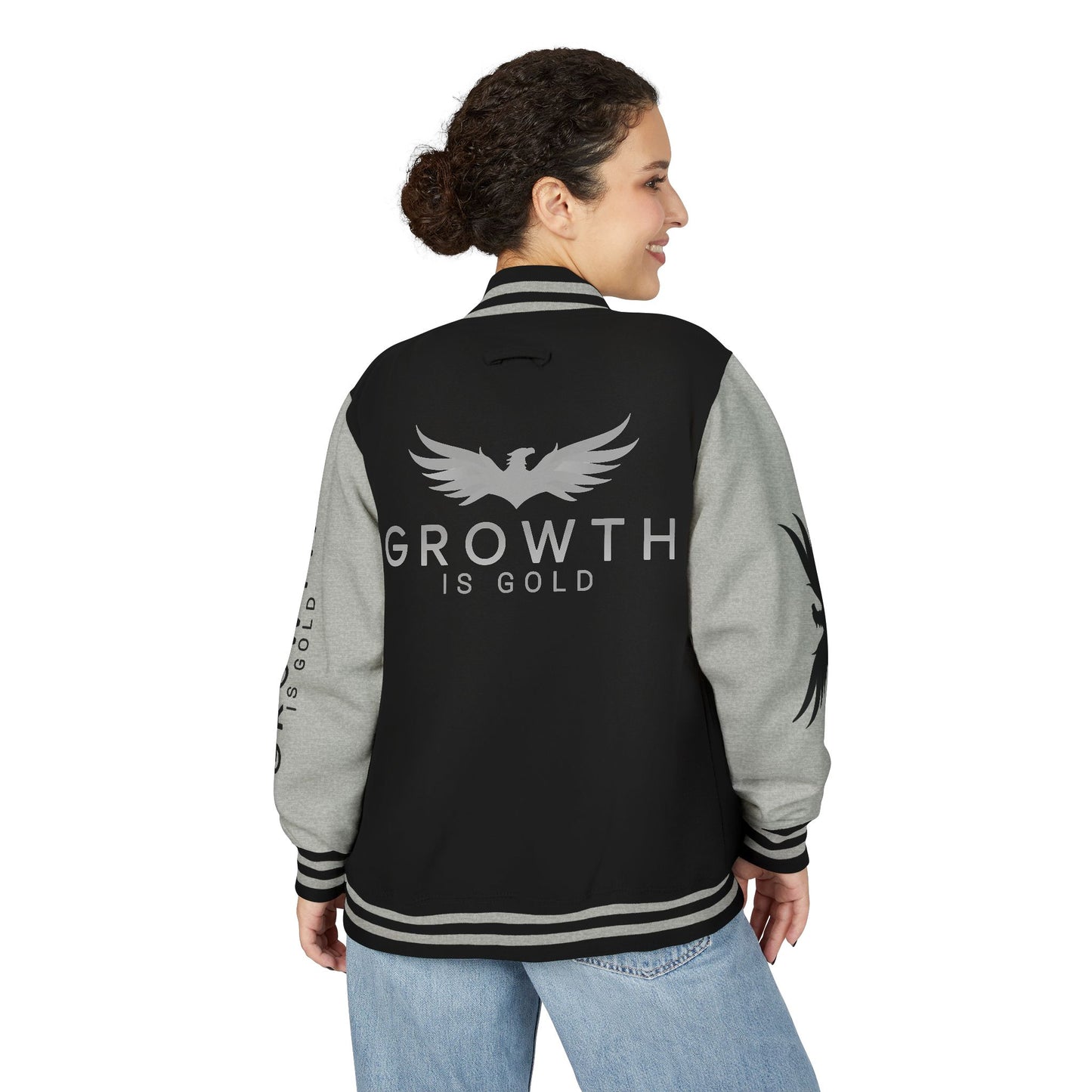 Elevated Style Unisex Letterman Jacket - Motivational Growth Quote, Casual Wear, Trendy Outerwear, Gift for Him/Her, Sports Jacket