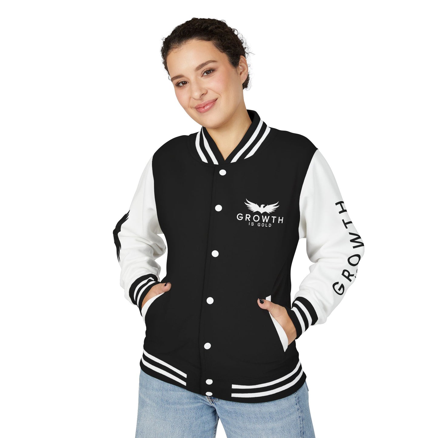 Elevated Style Unisex Letterman Jacket - Motivational Growth Quote, Casual Wear, Trendy Outerwear, Gift for Him/Her, Sports Jacket