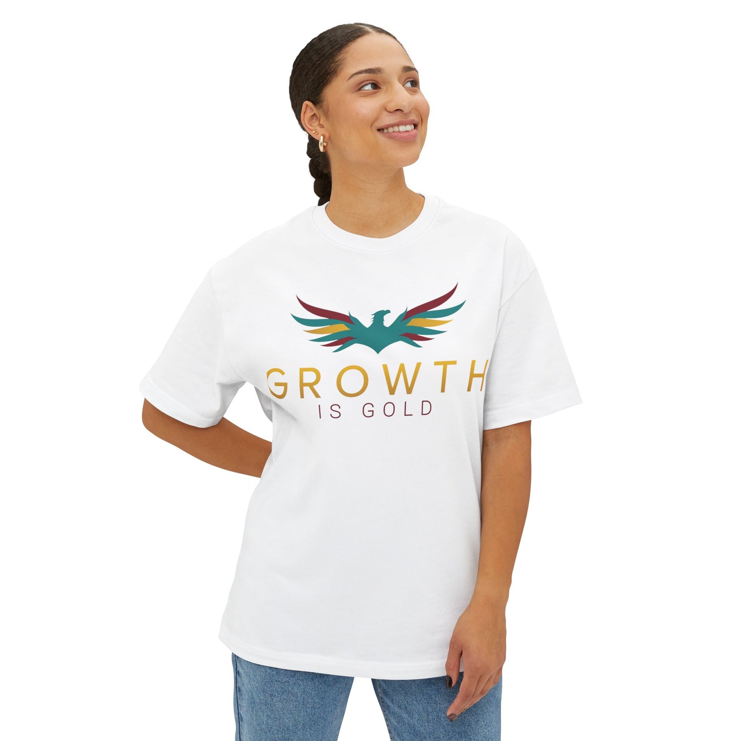Growth is Gold Unisex Oversized Boxy Tee, Inspirational Graphic T-Shirt, Casual Wear, Gift for Her, Motivational Apparel, Stylish Lounge Tee