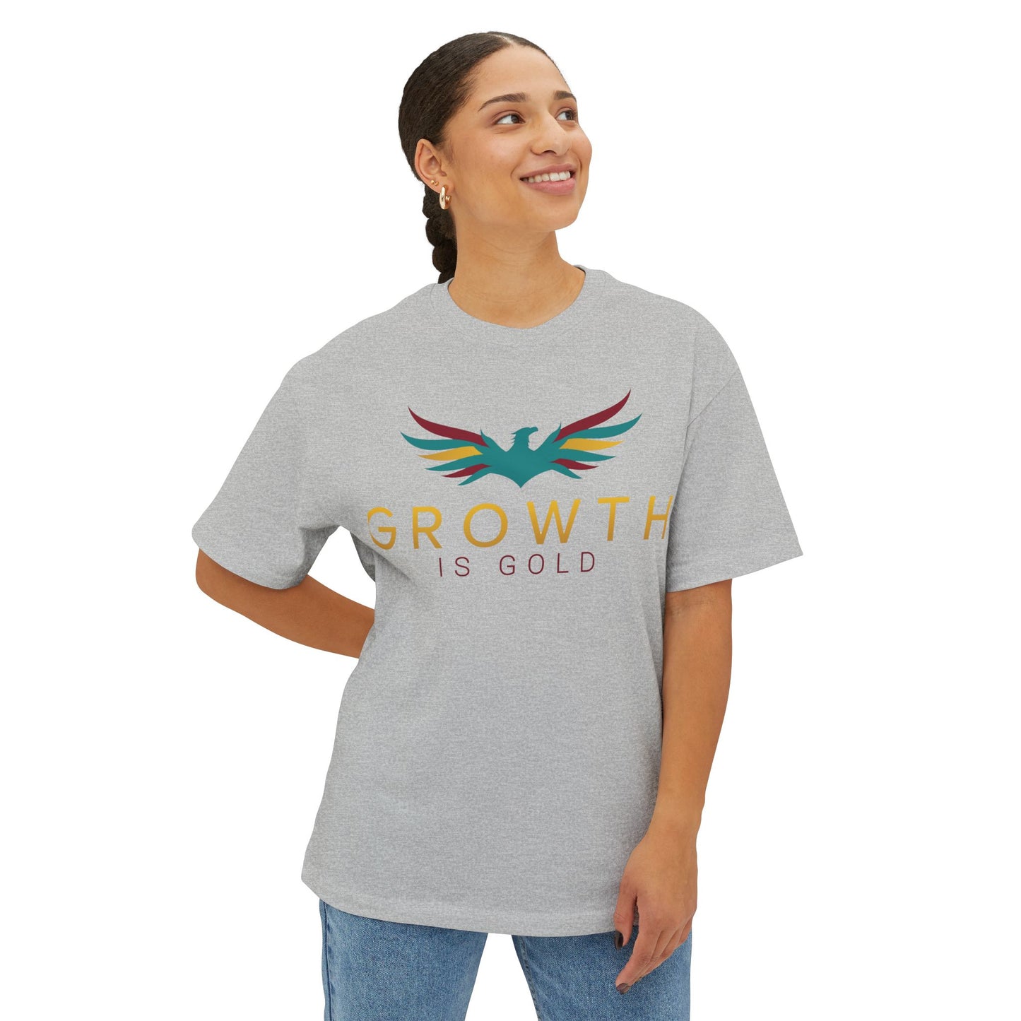 Growth is Gold Unisex Oversized Boxy Tee, Inspirational Graphic T-Shirt, Casual Wear, Gift for Her, Motivational Apparel, Stylish Lounge Tee