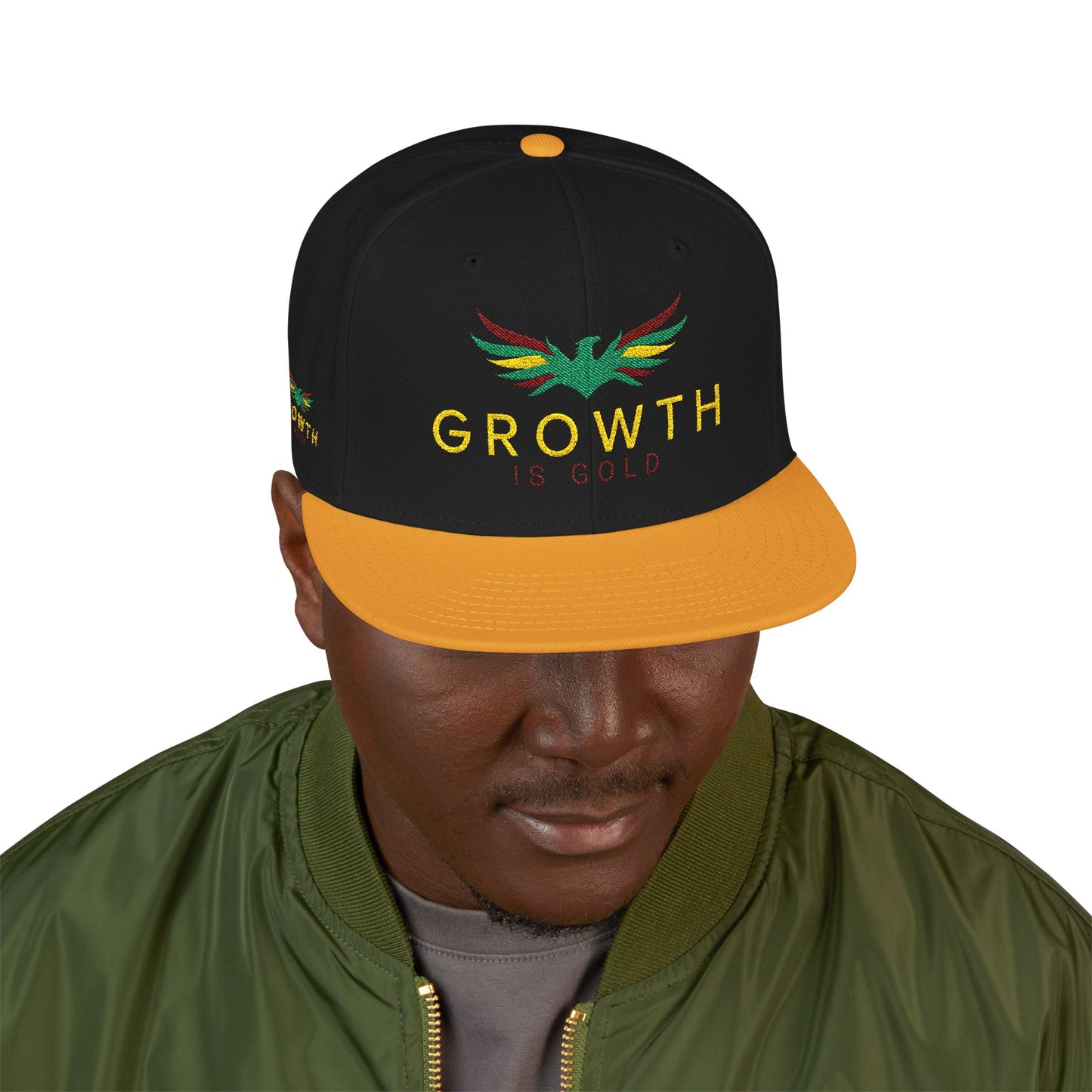 Embroidered Snapback Hat - Growth is Gold Design, Adjustable Cap, Streetwear Accessories, Gift for Him/Her, Summer Fashion