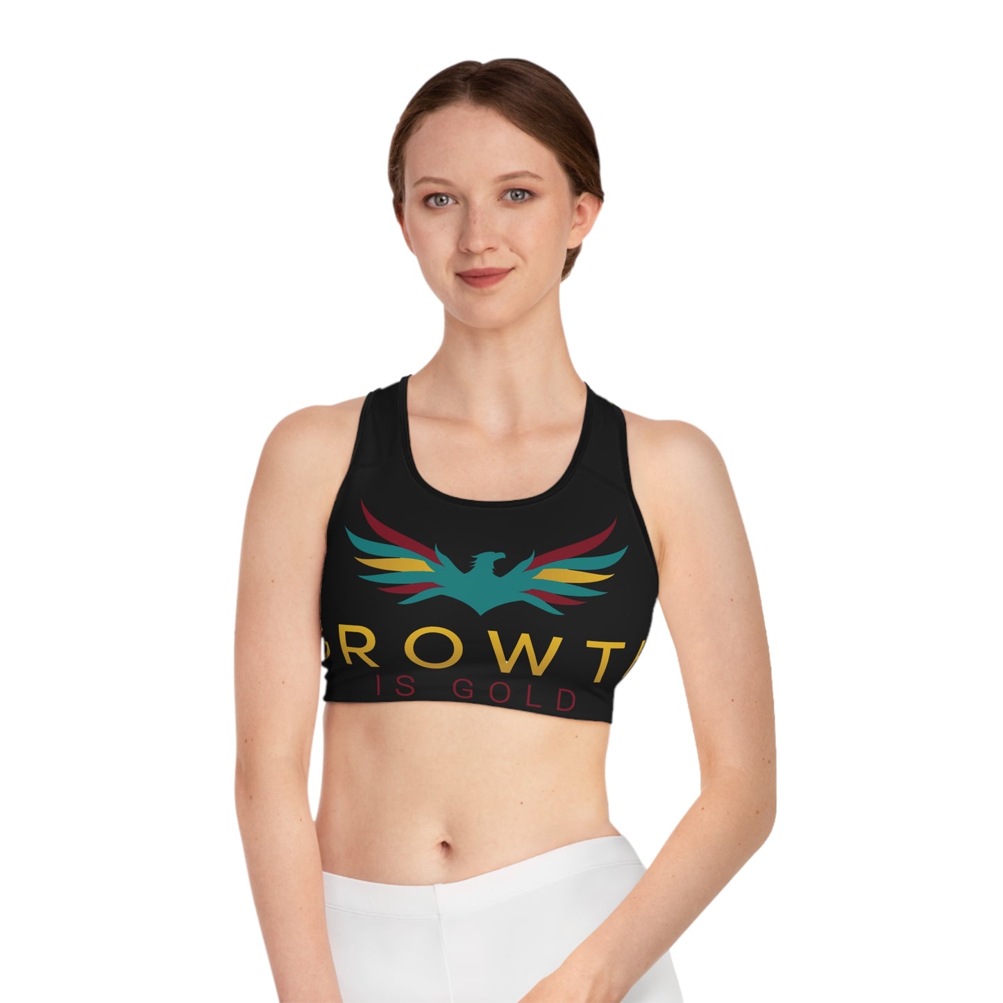Empowering Growth Is Gold Sports Bra with Uplifting Design | Activewear, Fitness Apparel, Workout Gear, Yoga Top, Inspirational Clothing