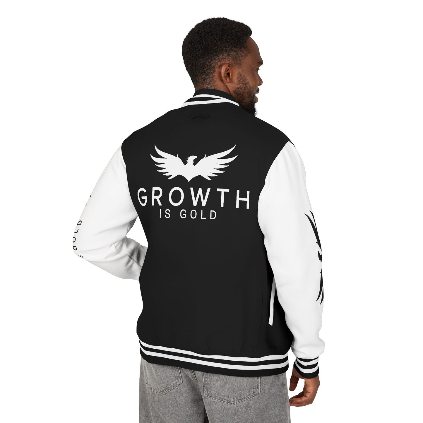 Elevated Style Unisex Letterman Jacket - Motivational Growth Quote, Casual Wear, Trendy Outerwear, Gift for Him/Her, Sports Jacket