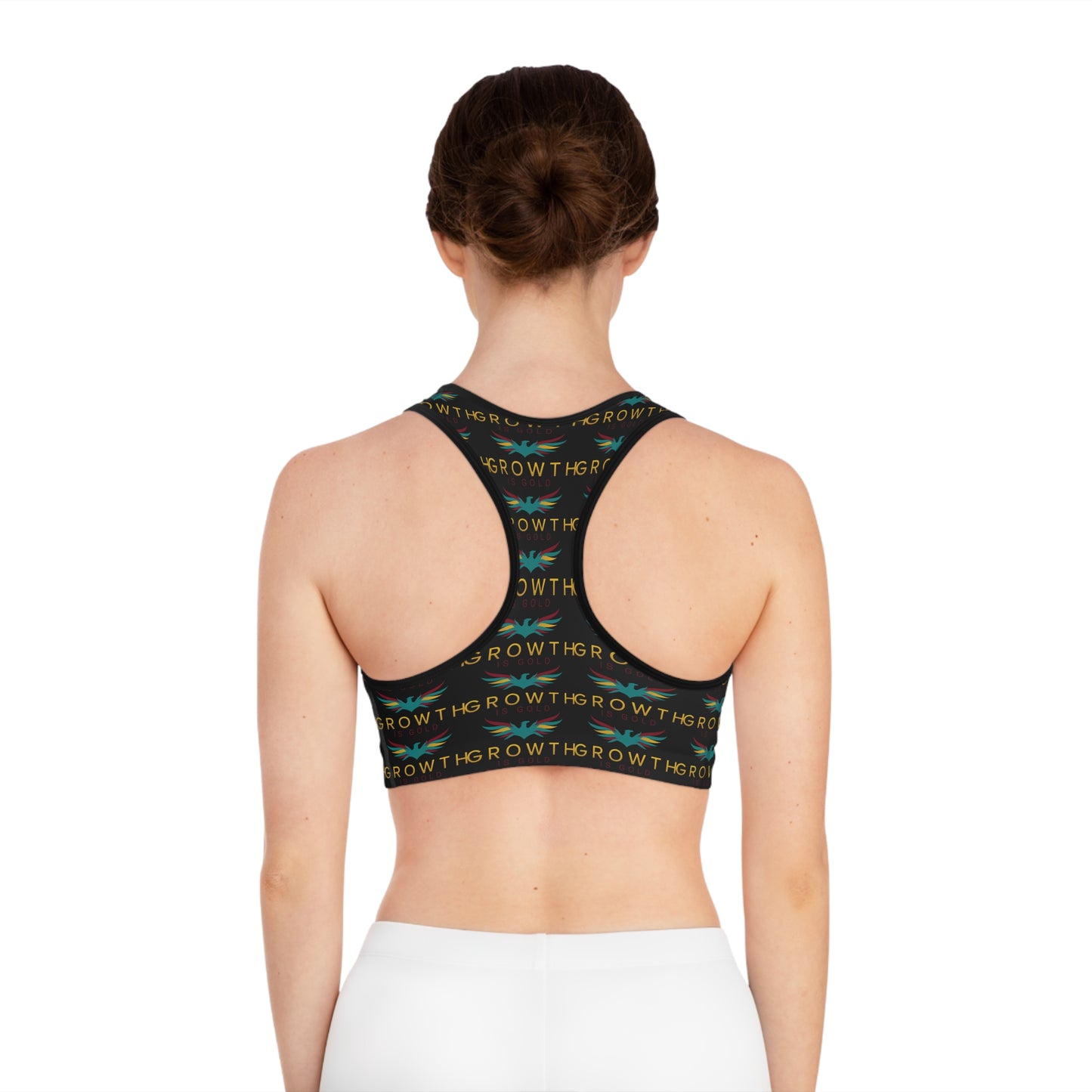 Empowering Growth Is Gold Sports Bra with Uplifting Design | Activewear, Fitness Apparel, Workout Gear, Yoga Top, Inspirational Clothing